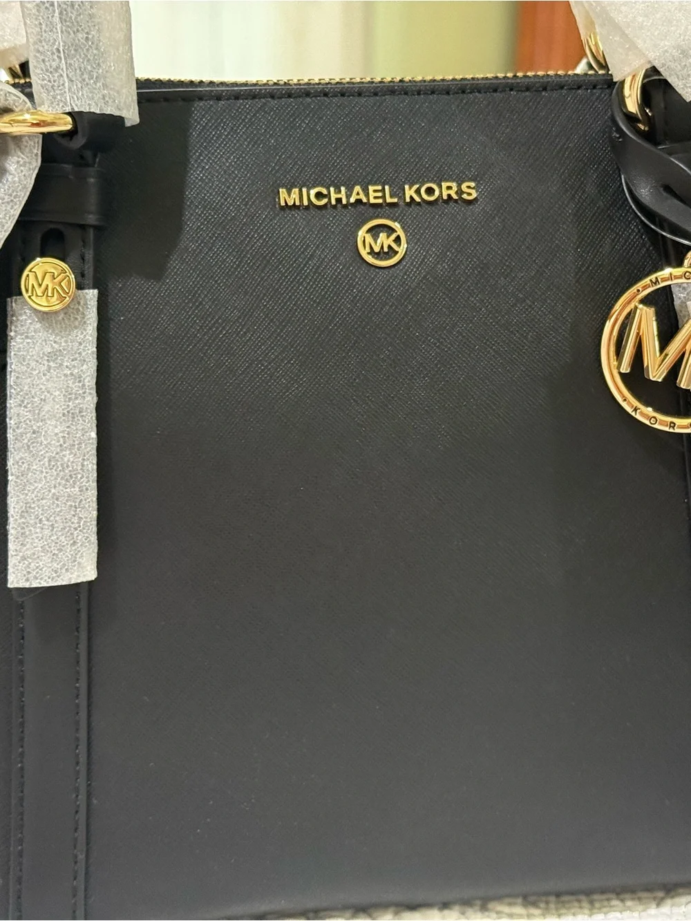 New Michael Kors Black Saffiano Tote with Gold Logo Charm